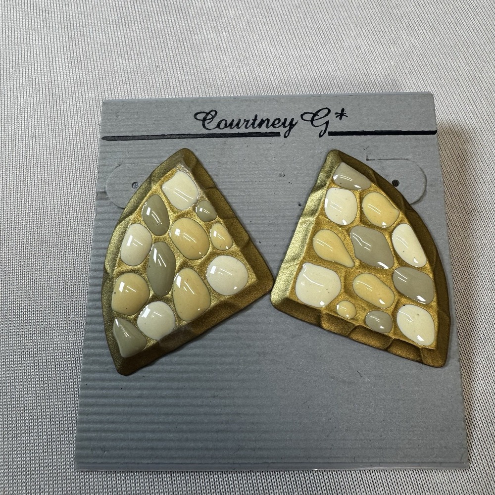Vintage 90s Geometric Gold and Cream Fashion Earrings